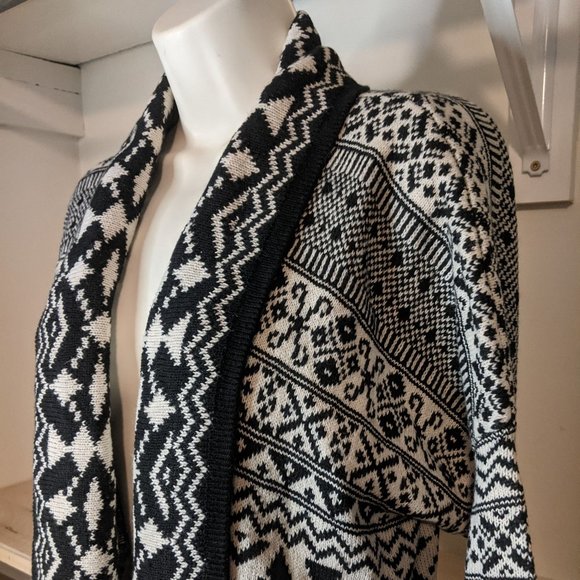 Sacred Threads Black and White Fair Isle Knit Open Front Oversized Cardigan - Picture 2 of 4